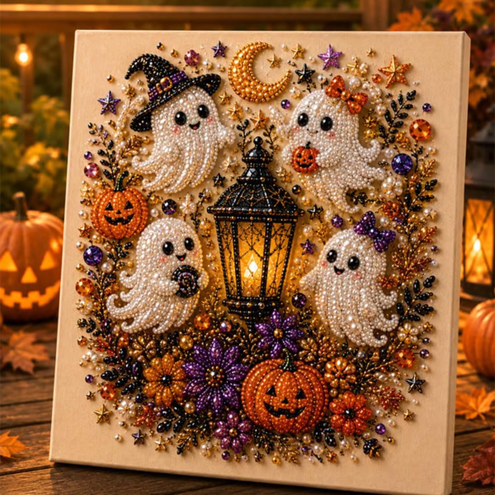 Halloween Ghost Pearl Art DIY Kit, Spooky Cute 3D Diamond Painting Crafts for Adults, DIY Fall Home Decor Wall Art, Beginner DIY Seasonal Party Gift