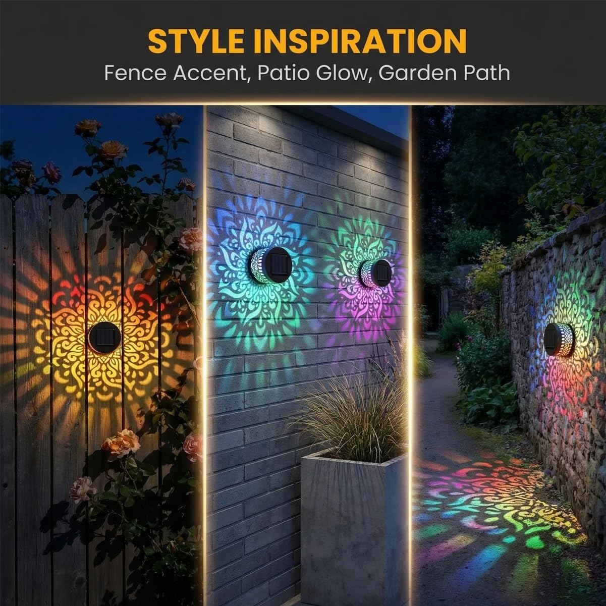 Seven-Color Changing Solar Mandala Projection Wall Light Decorative Solar Mandala Lights Outdoor Waterproof Metal Fence Lights for Yard Garden Post Patio Backyard Decor