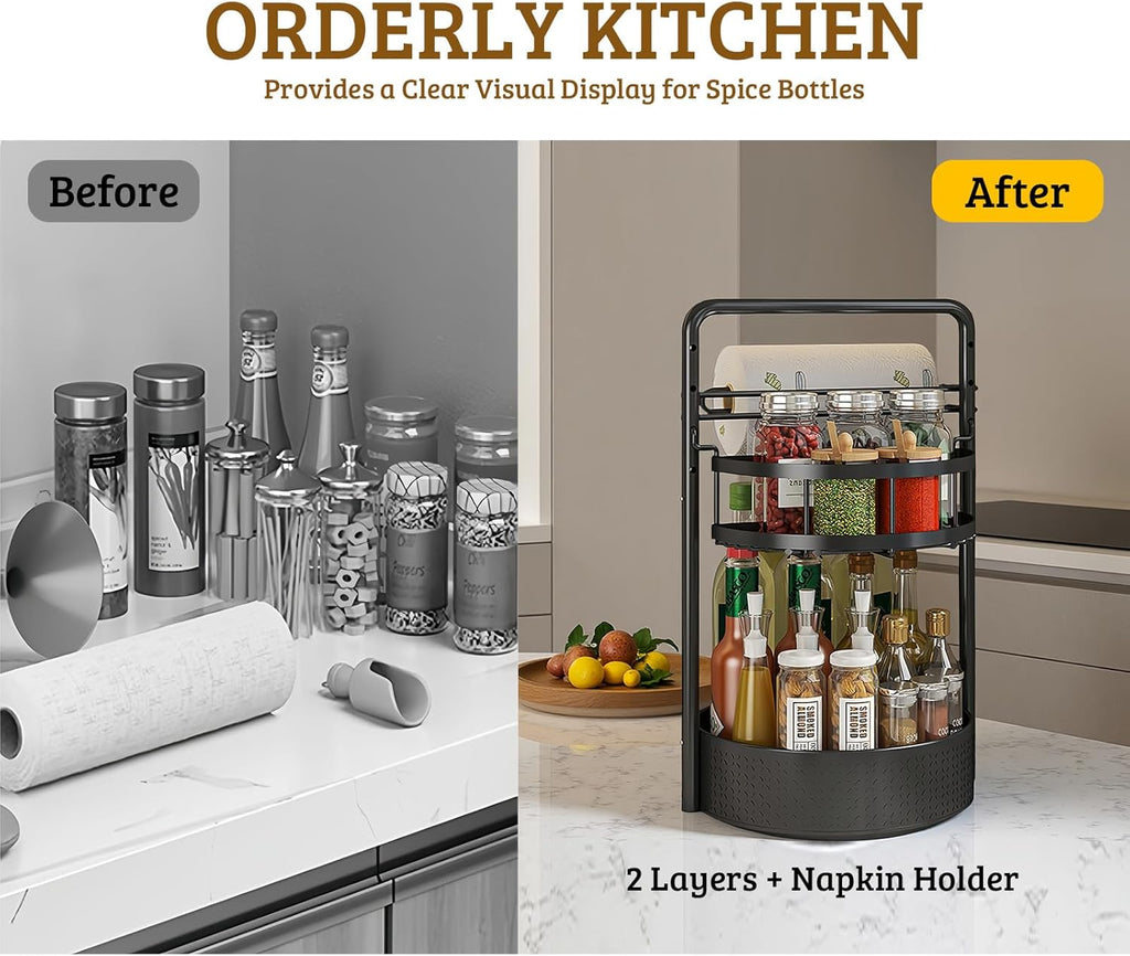 Rotating Spice Rack with Paper Towel Holder, 2 Tier Turntable Lazy Susan, Seasoning Organizer for Kitchen Countertop Cabinet