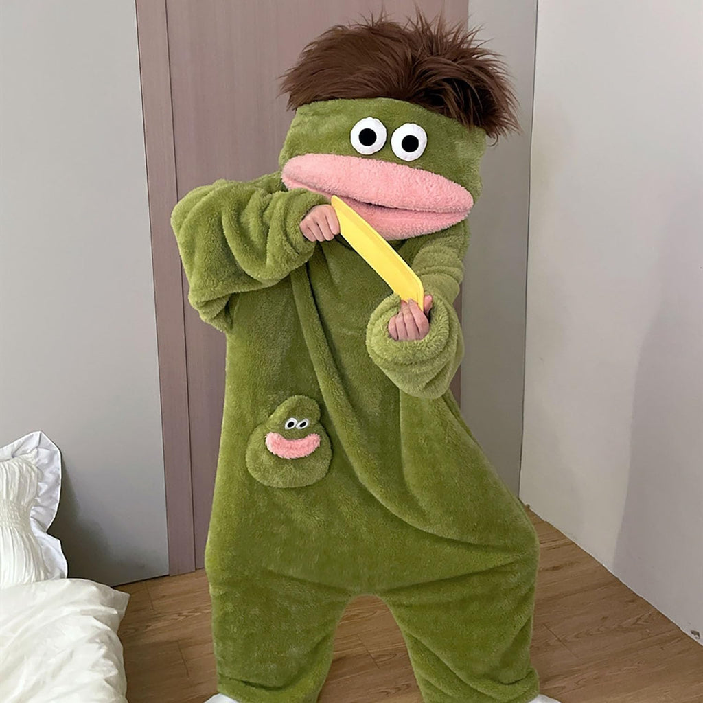 Adults Big Mouth Monster Onesie Pajamas Couples Matching Outfits | Goofy Monster One Piece Pajamas Couple Ugly Frog Onesie Outfits Clothing for Women Funny Cosplay Party Pjs