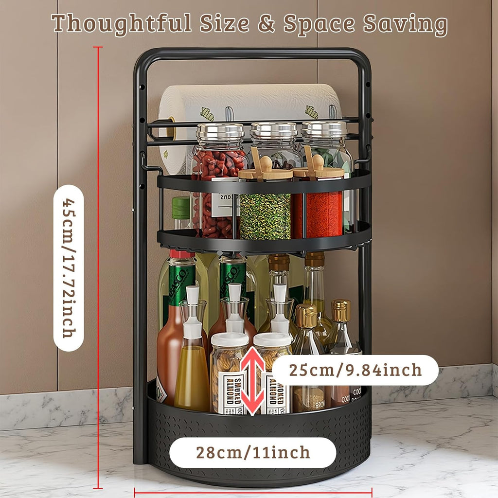 Rotating Spice Rack with Paper Towel Holder, 2 Tier Turntable Lazy Susan, Seasoning Organizer for Kitchen Countertop Cabinet