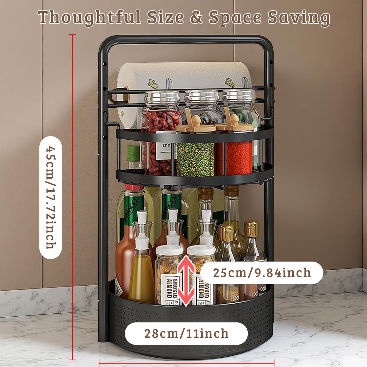 Rotating Spice Rack with Paper Towel Holder, 2 Tier Turntable Lazy Susan, Seasoning Organizer for Kitchen Countertop Cabinet