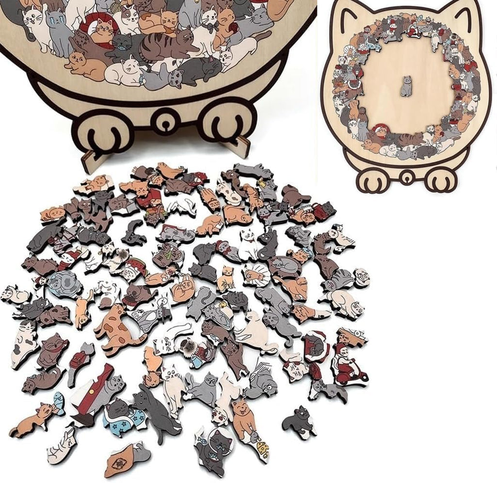 135-Piece Cat-Shaped Wooden Jigsaw Puzzle, Morandi Color Animal Puzzle for Adults, Creative Home Decor Gift