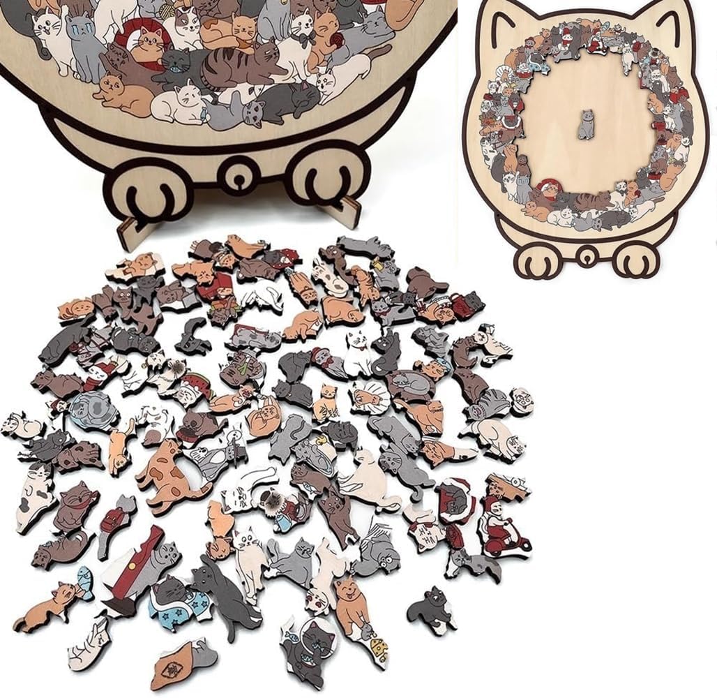 135-Piece Cat-Shaped Wooden Jigsaw Puzzle, Morandi Color Animal Puzzle for Adults, Creative Home Decor Gift