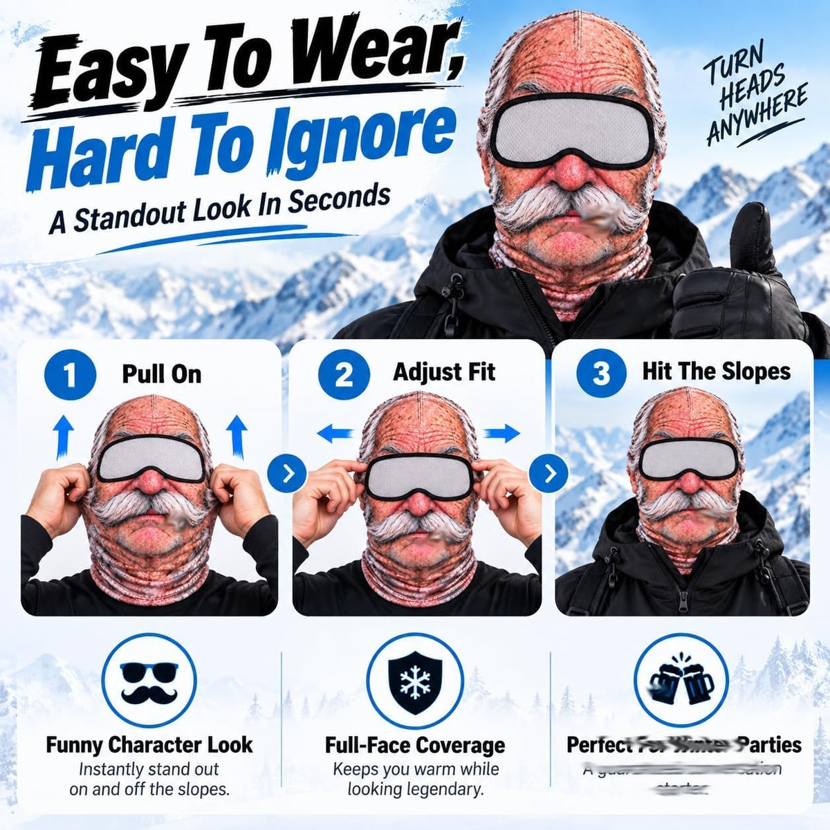 Funny Old Man Winter Face Mask, 3D Realistic Balaclava with Stretch Fit for Skiing, Snowboarding, Outdoor Cold Weather, Parties & Funny Photos