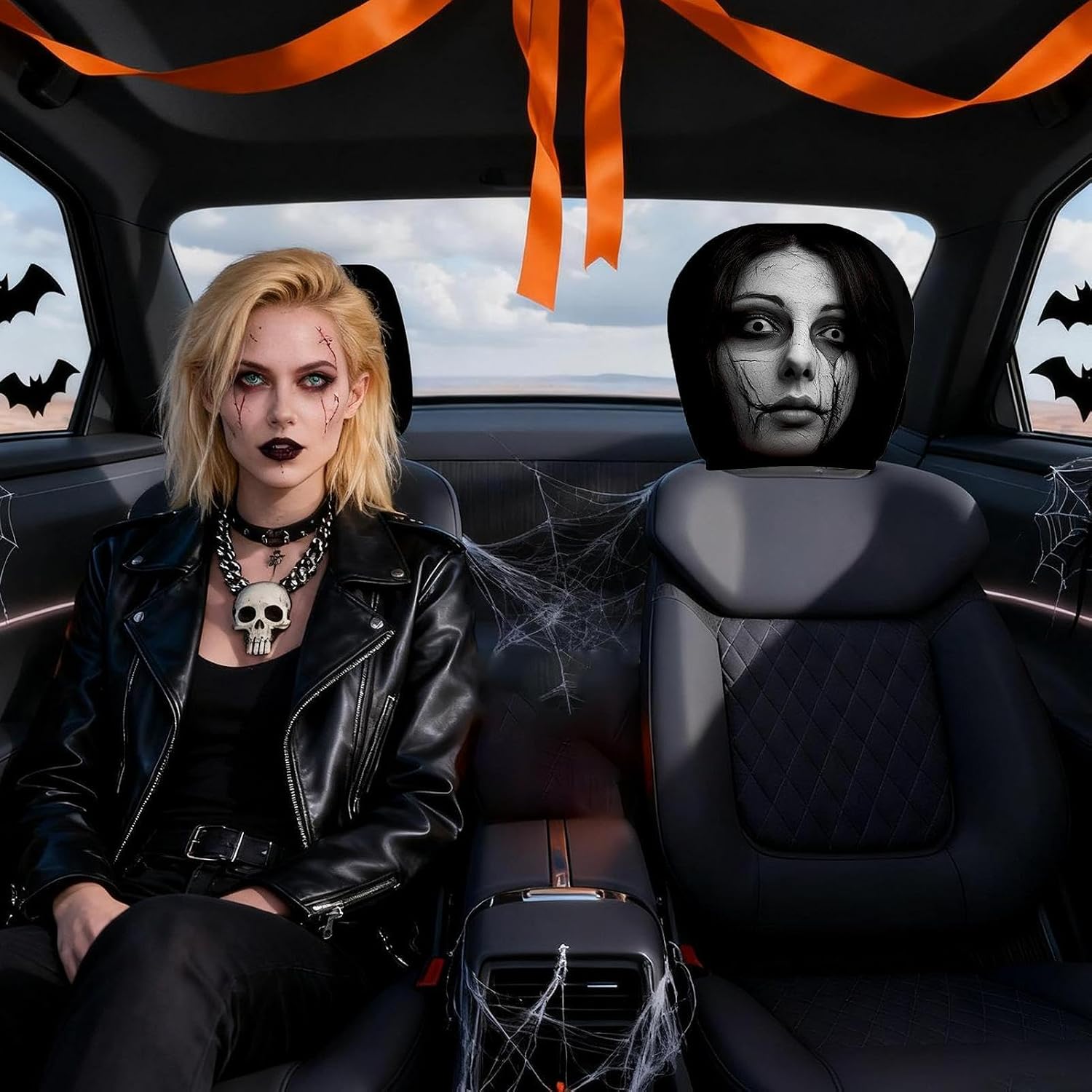 Car Headrest Covers | 2 Piece Ghost Face Car Headrest Covers | Scary Face and Funny Dark Theme Car Headrest Covers | Elastic Protector
