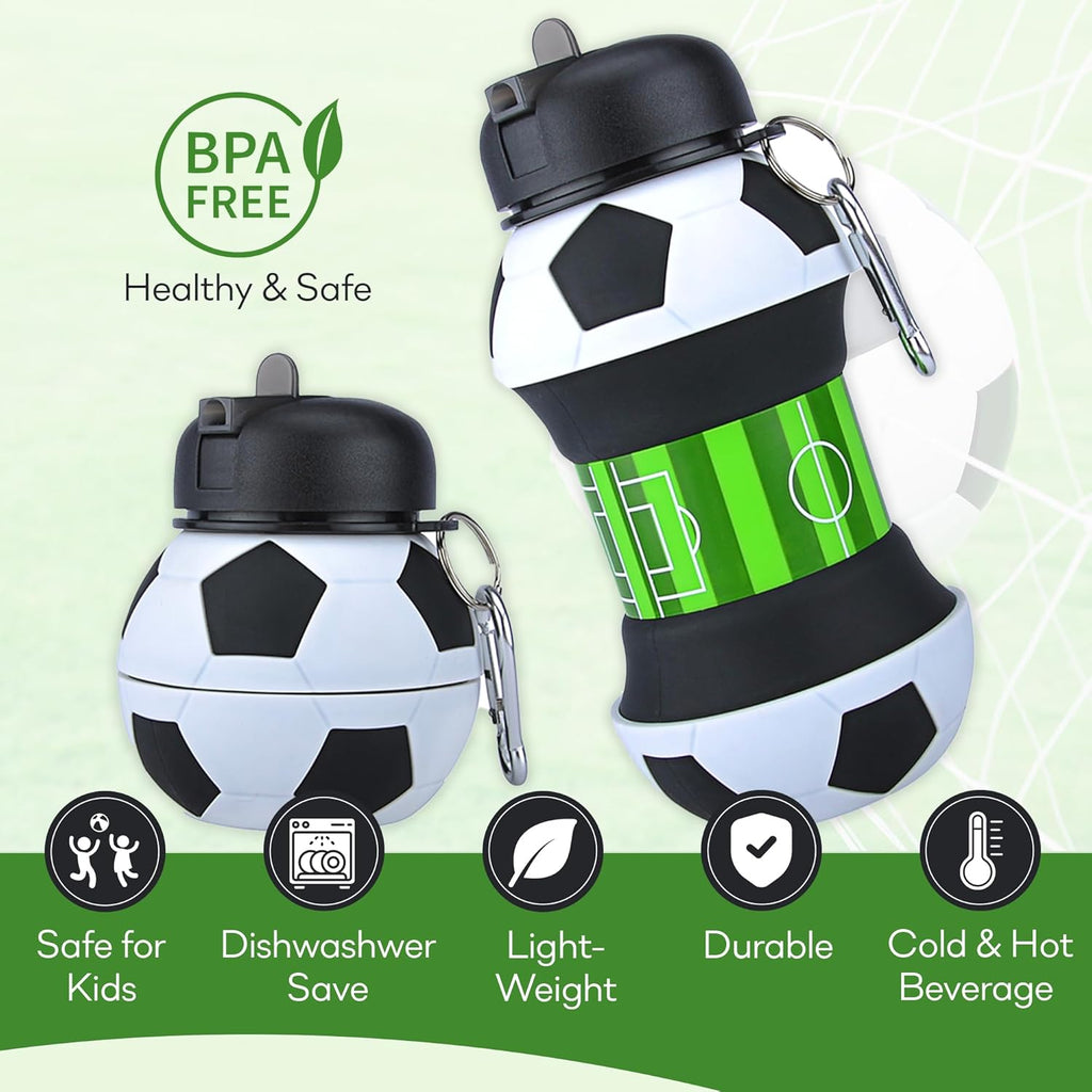 Collapsible Water Bottle 19Oz/550ml BPA Free Sports Water Bottle for Kids Gift Folding Water Bottle for Hiking, GYM, School & Sports | Collapsible Cups for Traveling Gift Idea (Soccer)