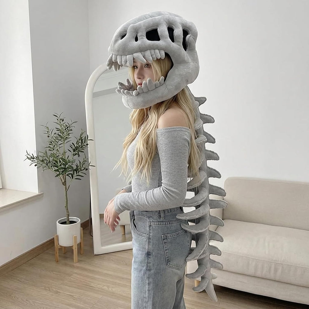 Dinosaur Skeleton Plush Costume - 3D Skull Headpiece & Spine, Realistic Spinosaurus Skull Mask