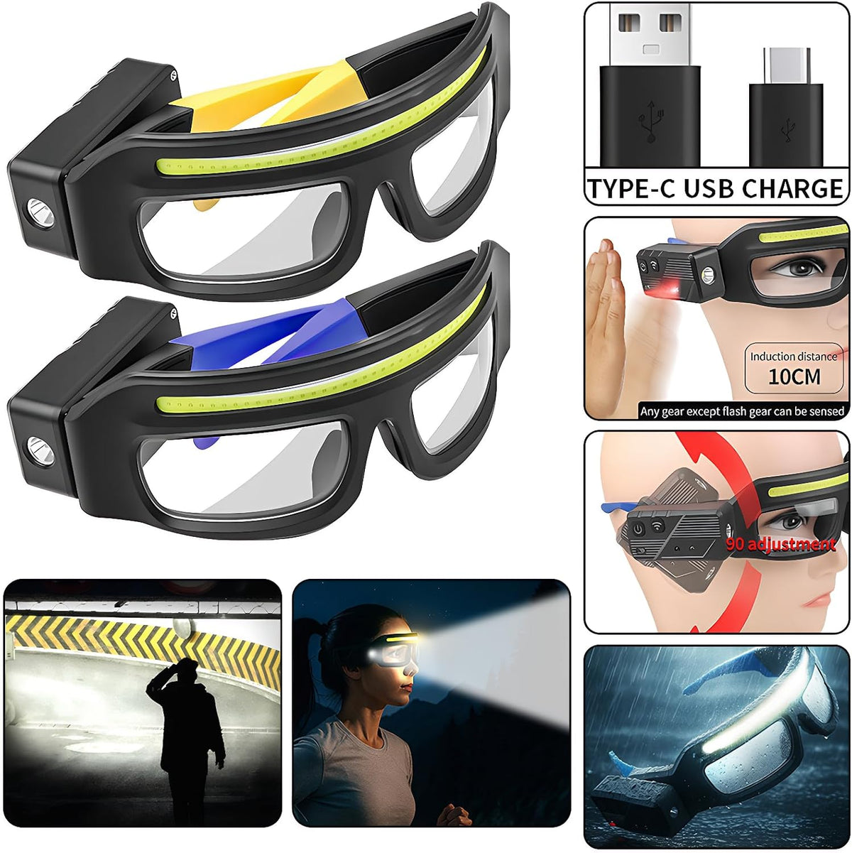 Rechargeable LED Headlamp Glasses with Motion Sensor, 5 Lighting Modes, USB-C Charging & Dual Spotlights for Camping and Auto Repair