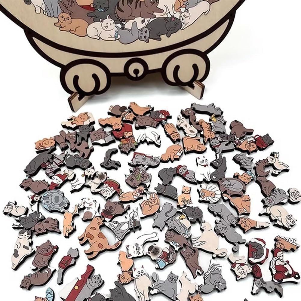 135-Piece Cat-Shaped Wooden Jigsaw Puzzle, Morandi Color Animal Puzzle for Adults, Creative Home Decor Gift