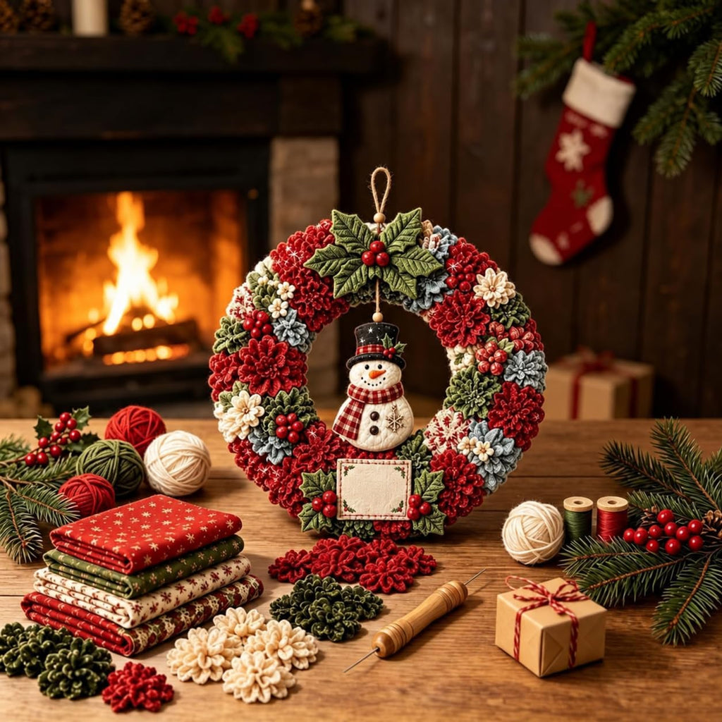 Christmas Wreath Making Kit for Adults, 3D Fabric Poke Art Kit, No-Sew Beginner Craft Project, Handmade Hanging Decoration for Front Door, Wall & Home