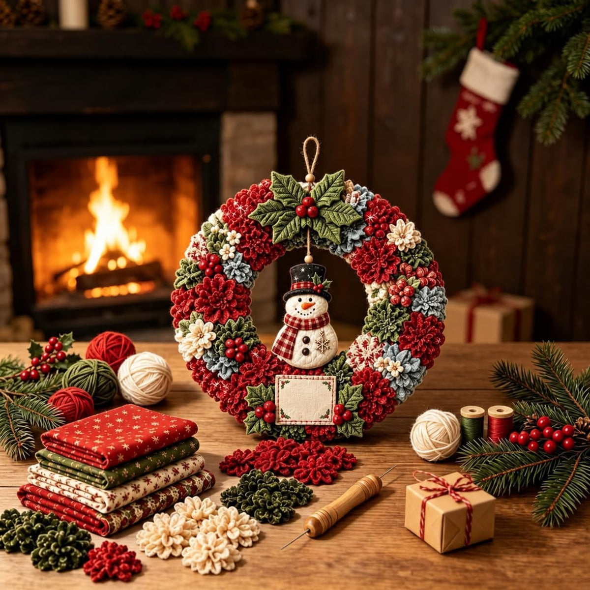 Christmas Wreath Making Kit for Adults, 3D Fabric Poke Art Kit, No-Sew Beginner Craft Project, Handmade Hanging Decoration for Front Door, Wall & Home