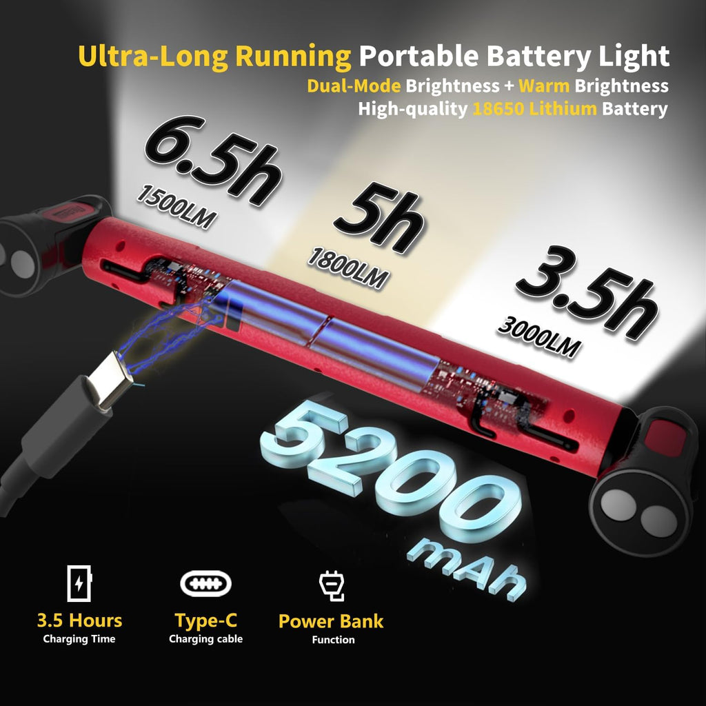 Under Hood Work Light Bar, 3000LM LED Magnetic Light Bar with Hooks, 5200mAh Cordless Rechargeable Hood Light Fathers Day Dad Gifts for Men/Mechanic/Car Repairing/Garage-Red(1 Pack)