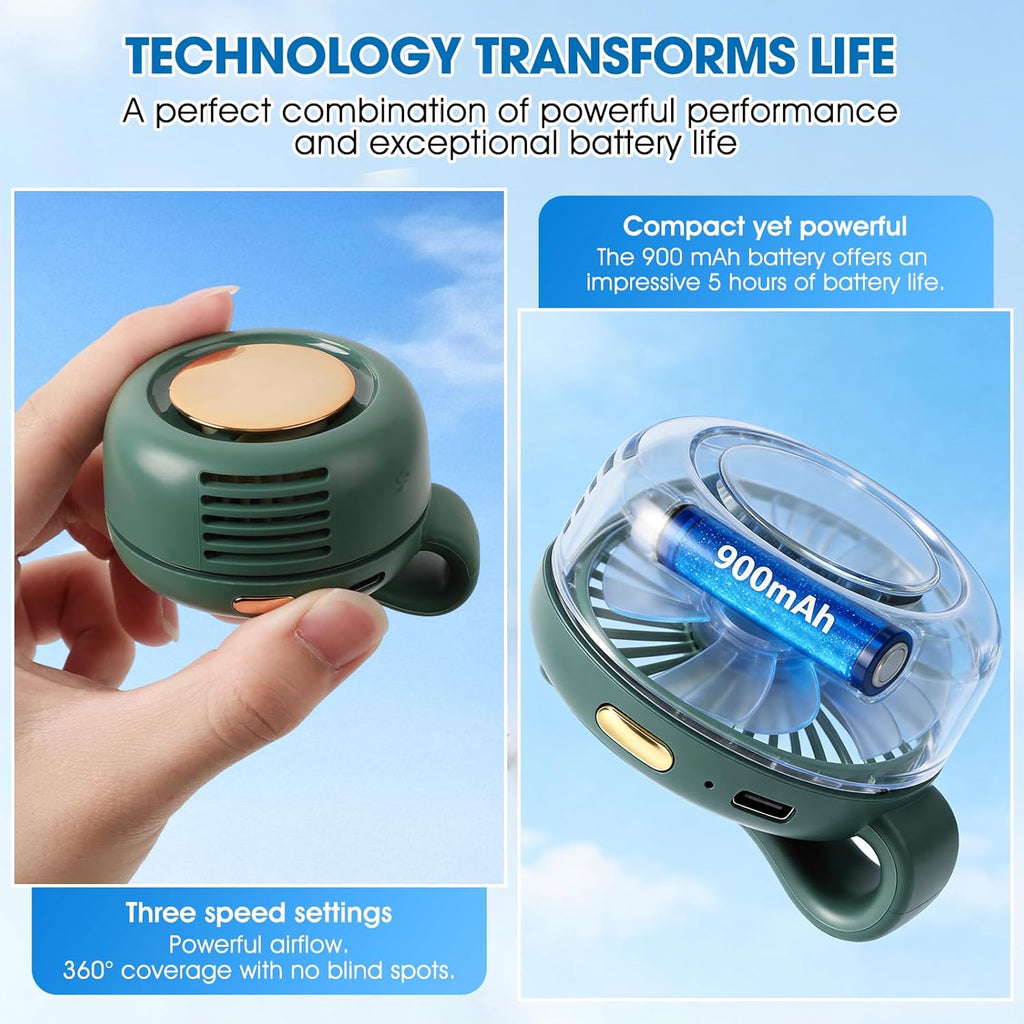 Portable Silent Mini Bladeless Fan Clip On,3 Speeds Clip-On Fans For Shirt,Small Clips Fanmini Whirlwind Fans For Waist Clips Suitable For Outdoor & Travel & Office (Green)