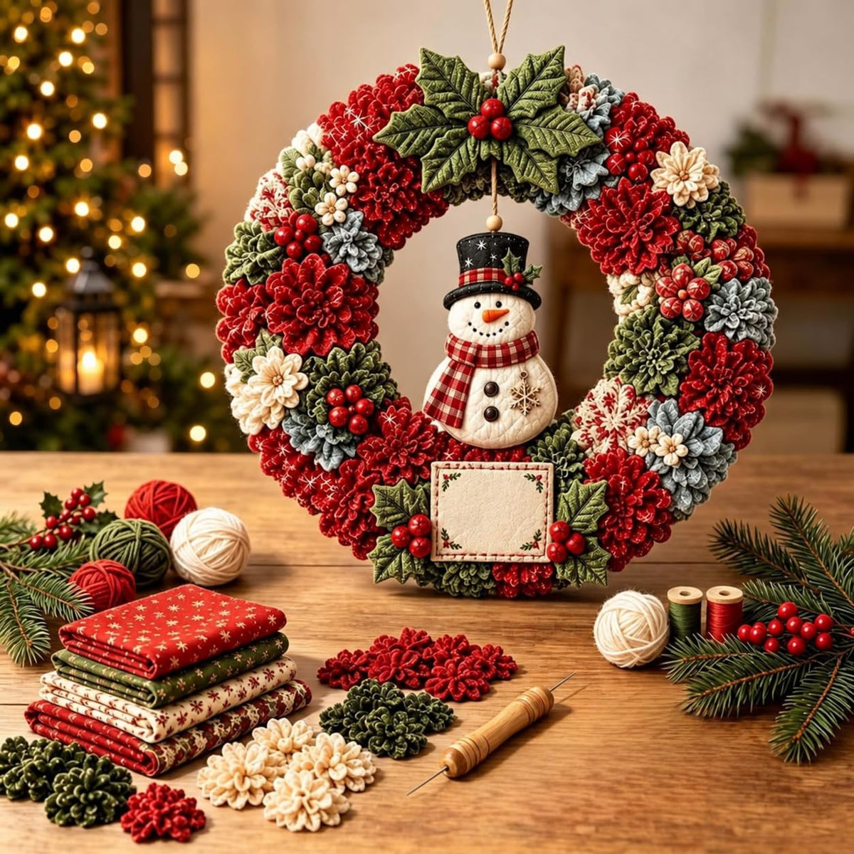 Christmas Wreath Making Kit for Adults, 3D Fabric Poke Art Kit, No-Sew Beginner Craft Project, Handmade Hanging Decoration for Front Door, Wall & Home