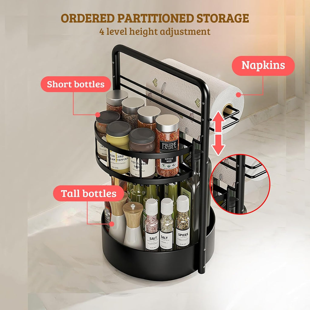 Rotating Spice Rack with Paper Towel Holder, 2 Tier Turntable Lazy Susan, Seasoning Organizer for Kitchen Countertop Cabinet