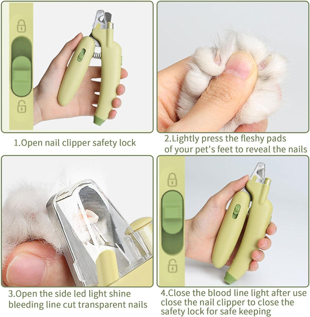 Dog nail clipper with UV LED light for safe trimming and protection against over-cutting. Cute pet claw trimmer and grooming tool for small animals such as dogs, cats, puppies, and kittens.