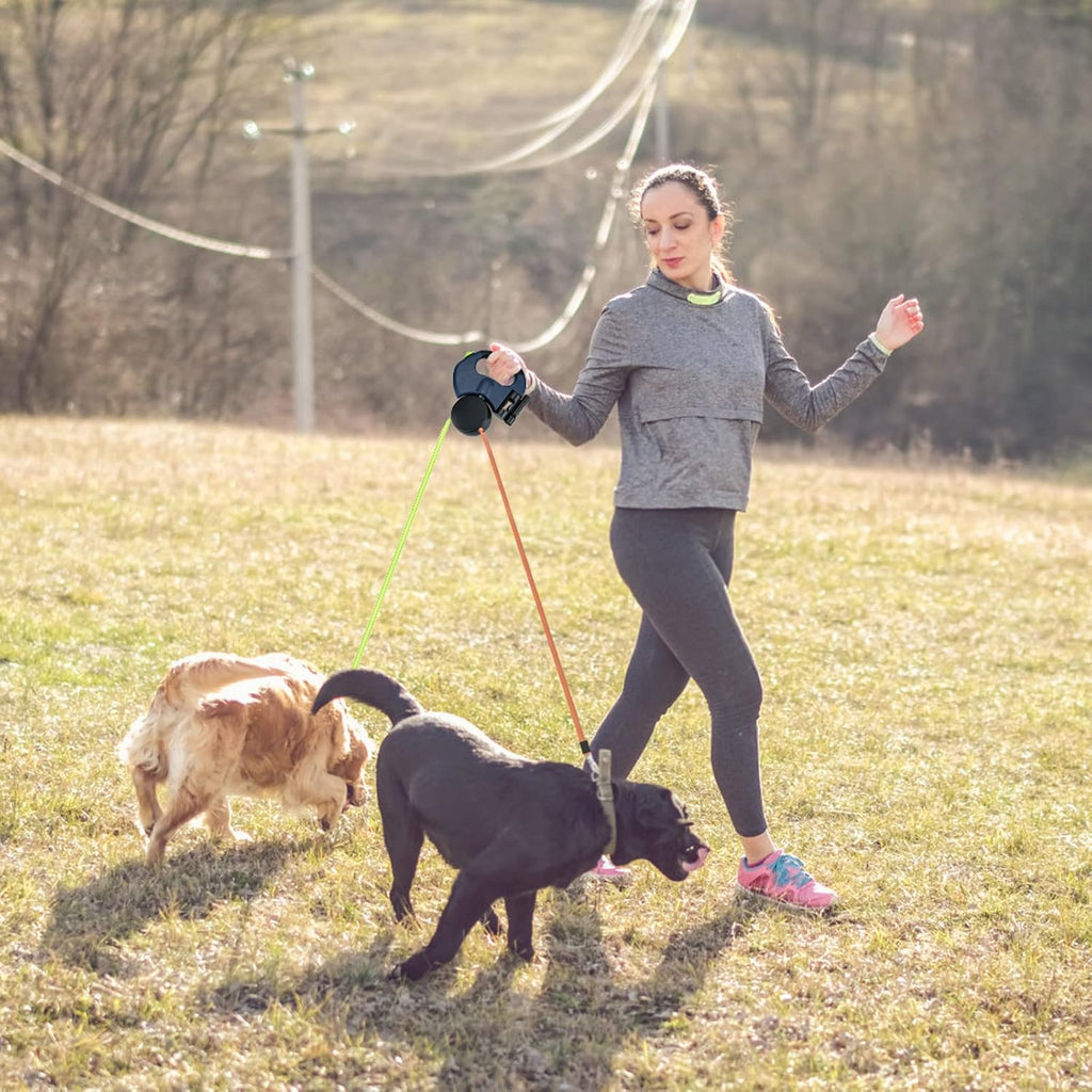 Dual Retractable Dog Leash for Two Dogs, 2 × 10 ft / 3 m Leads, 360° Anti-Tangle, One-Hand Brake with LED Flashlight