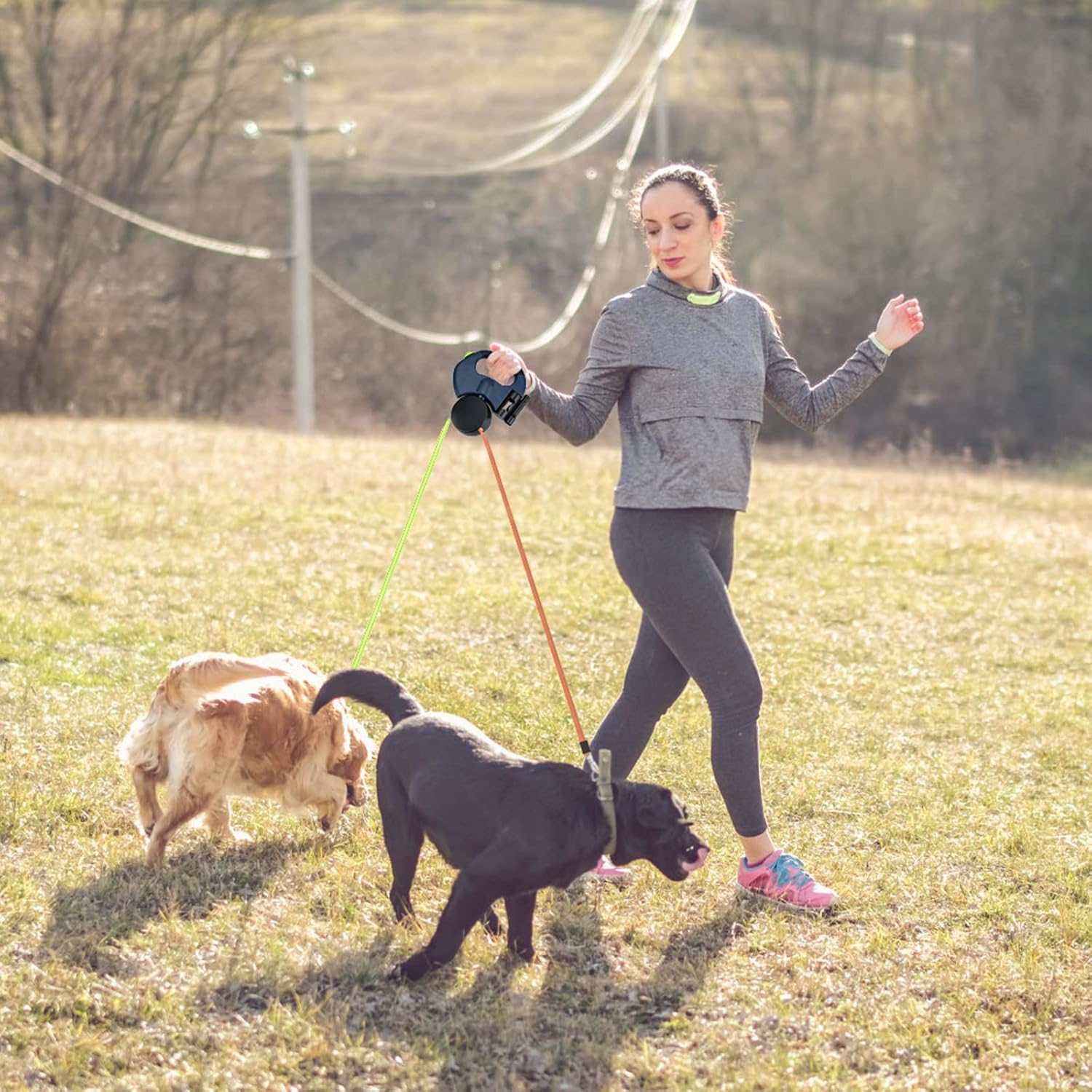 Dual Retractable Dog Leash for Two Dogs, 2 × 10 ft / 3 m Leads, 360° Anti-Tangle, One-Hand Brake with LED Flashlight
