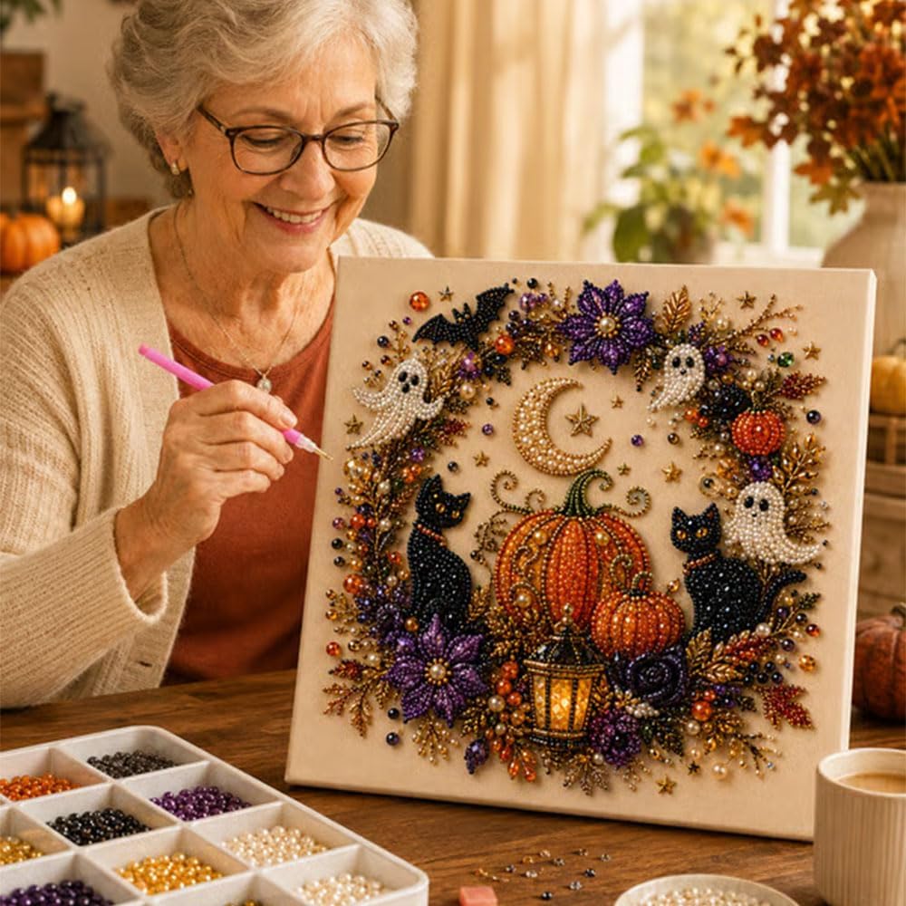Halloween Ghost Pearl Art DIY Kit, Spooky Cute 3D Diamond Painting Crafts for Adults, DIY Fall Home Decor Wall Art, Beginner DIY Seasonal Party Gift