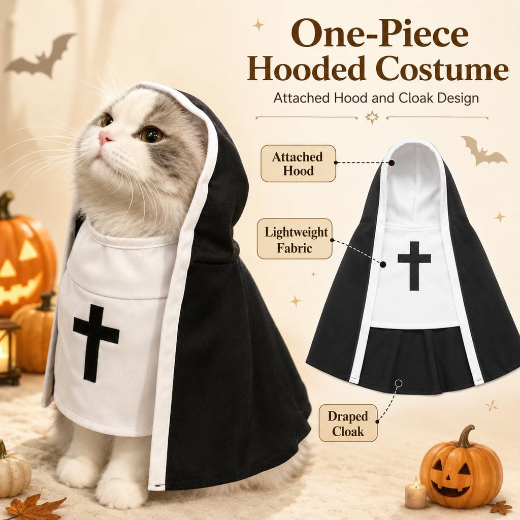 Funny Cat Nun Halloween Costume, One-Piece Hooded Dress for Cats & Small Dogs