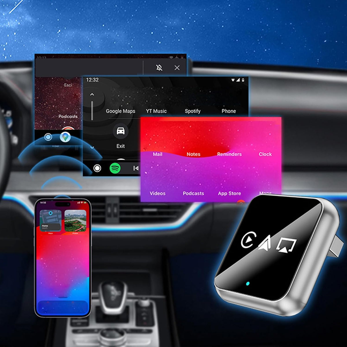 4-in-1 Wireless CarPlay Adapter for Factory Wired CarPlay Cars – Android Auto, AirPlay & MirrorLink
