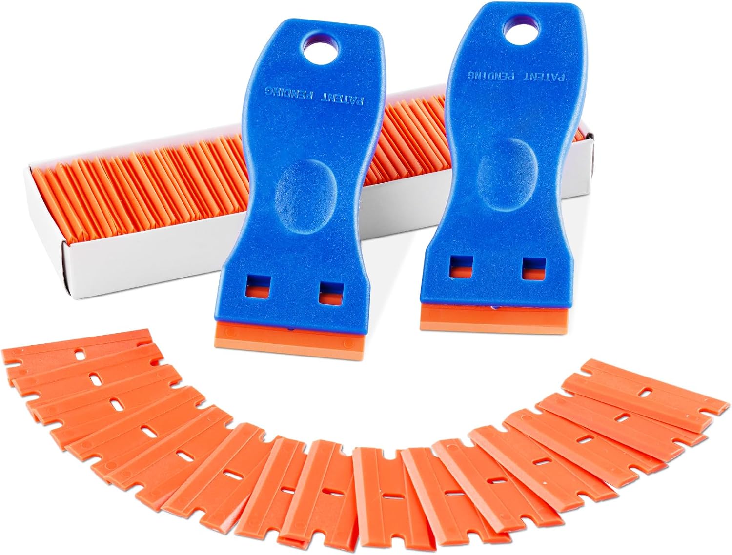 2PCS Razor Blade Scraper,Plastic Scraper Tool with 100PCS Plastic Blades,Cleaning Scraper Remover for Stickers,Decals,Adhesive,Labels,Paint from Glass, Car,Window,Caulk,No Scratches,Blue