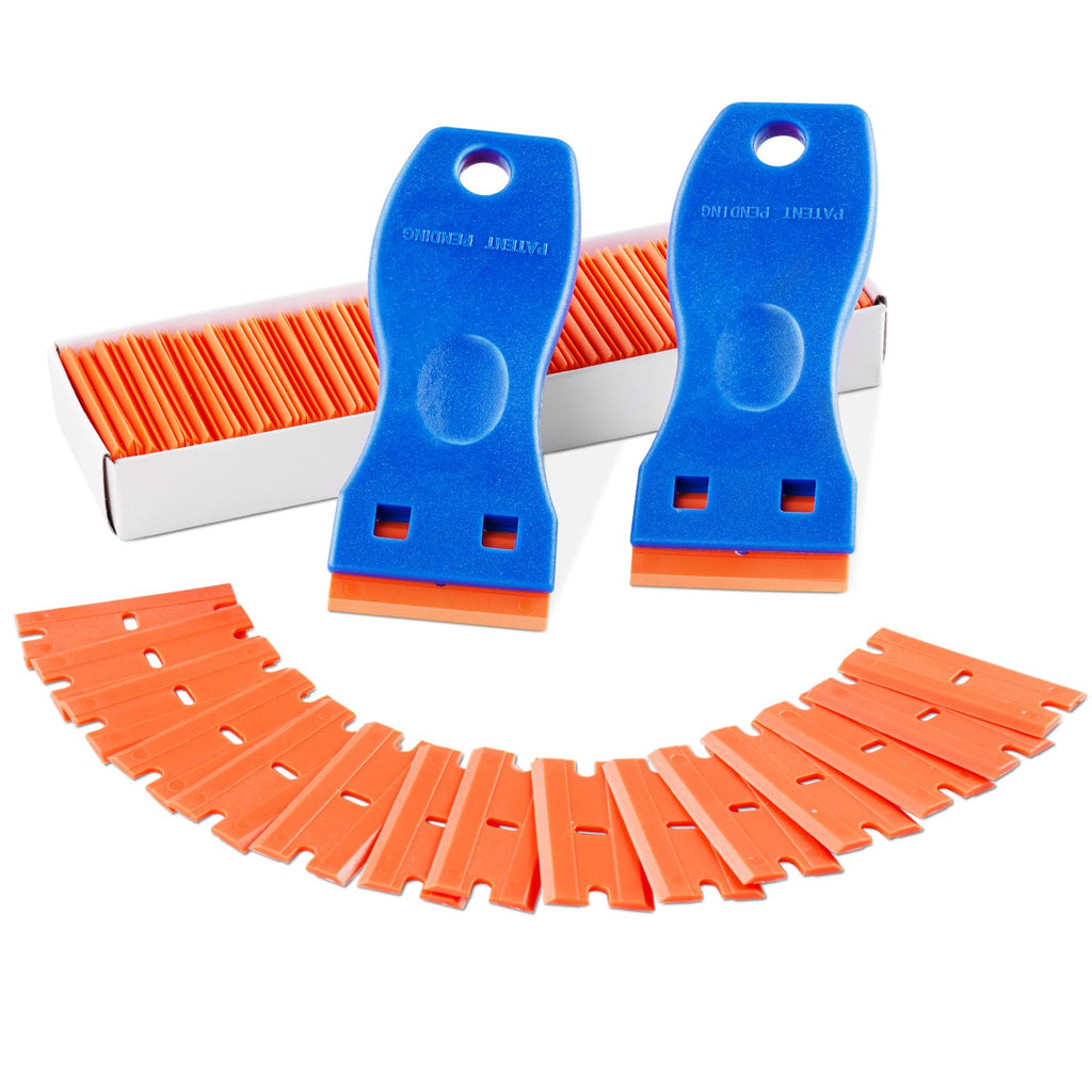 2PCS Razor Blade Scraper,Plastic Scraper Tool with 100PCS Plastic Blades,Cleaning Scraper Remover for Stickers,Decals,Adhesive,Labels,Paint from Glass, Car,Window,Caulk,No Scratches,Blue