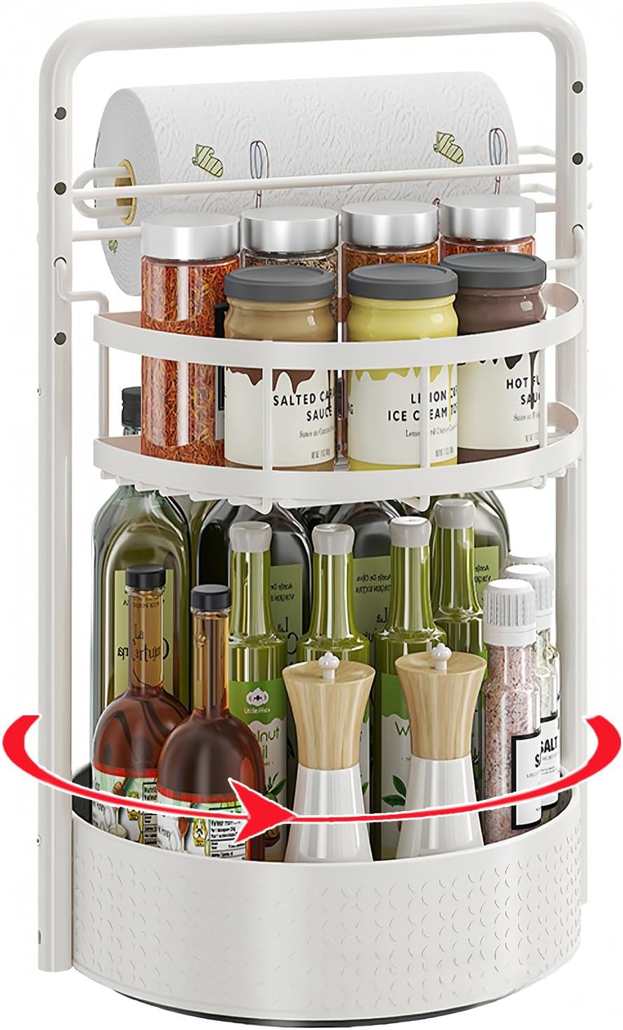 Rotating Spice Rack with Paper Towel Holder, 2 Tier Turntable Lazy Susan, Seasoning Organizer for Kitchen Countertop Cabinet