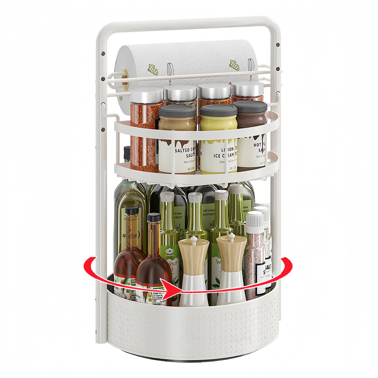 Rotating Spice Rack with Paper Towel Holder, 2 Tier Turntable Lazy Susan, Seasoning Organizer for Kitchen Countertop Cabinet