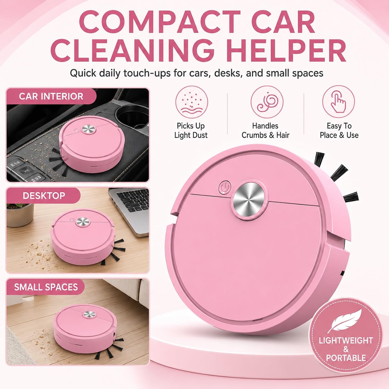 Mini Robot Vacuum Cleaner for Car & Desktop, Rechargeable Smart Automatic Vacuum Robot, Low Noise Portable Cleaner for Dust, Crumbs & Pet Hair