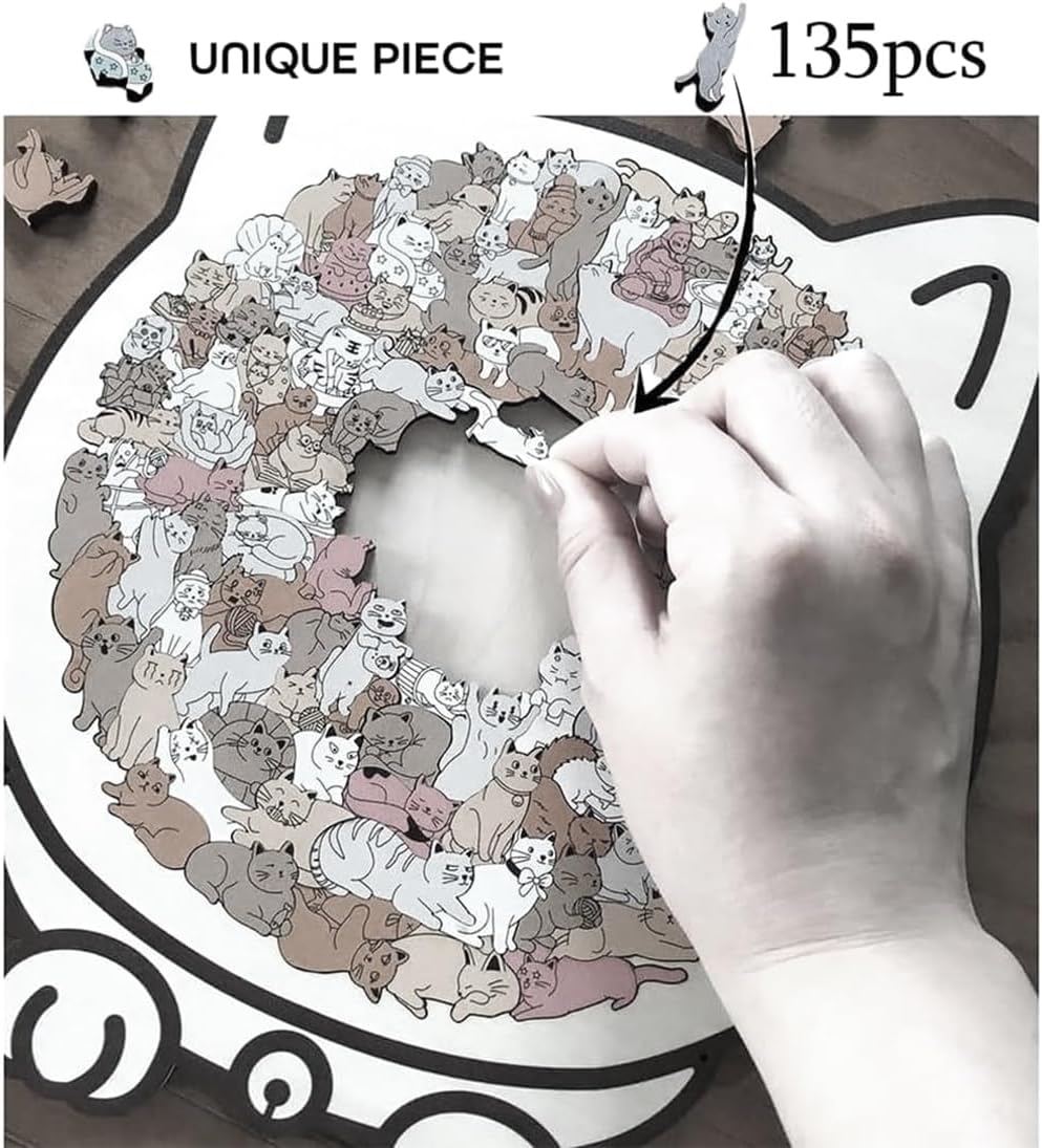 135-Piece Cat-Shaped Wooden Jigsaw Puzzle, Morandi Color Animal Puzzle for Adults, Creative Home Decor Gift