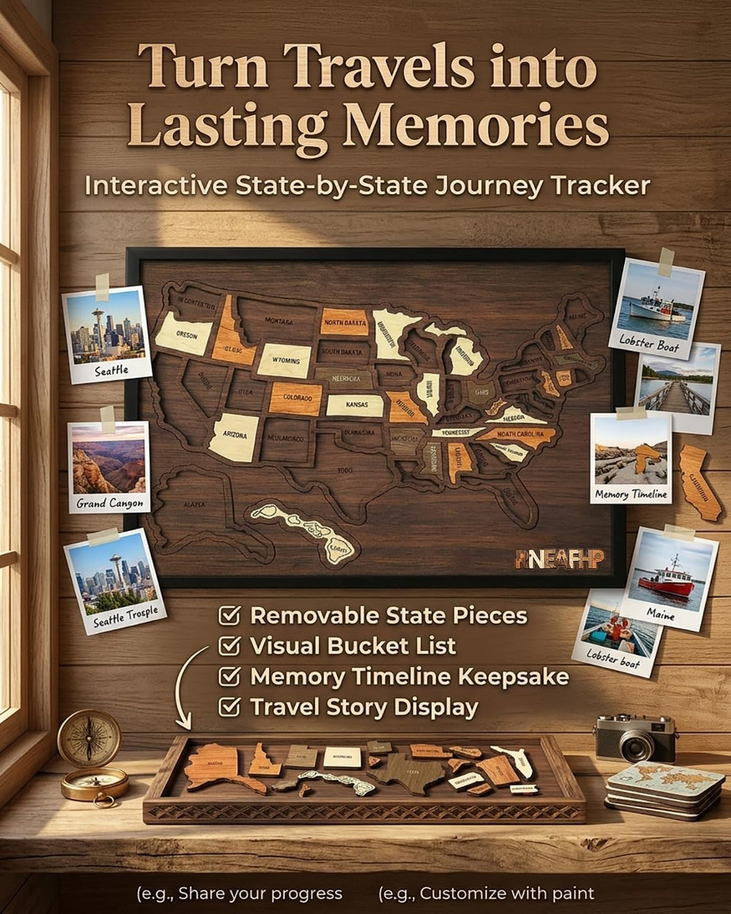 Wooden USA Travel Map Puzzle, A Stylish Way to Track Your Journey & Memories, Journey Tracker Maps Pin Board for Traveling, Removable USA Maps Puzzles for Traveling, Couple Family Art Home (1pc)
