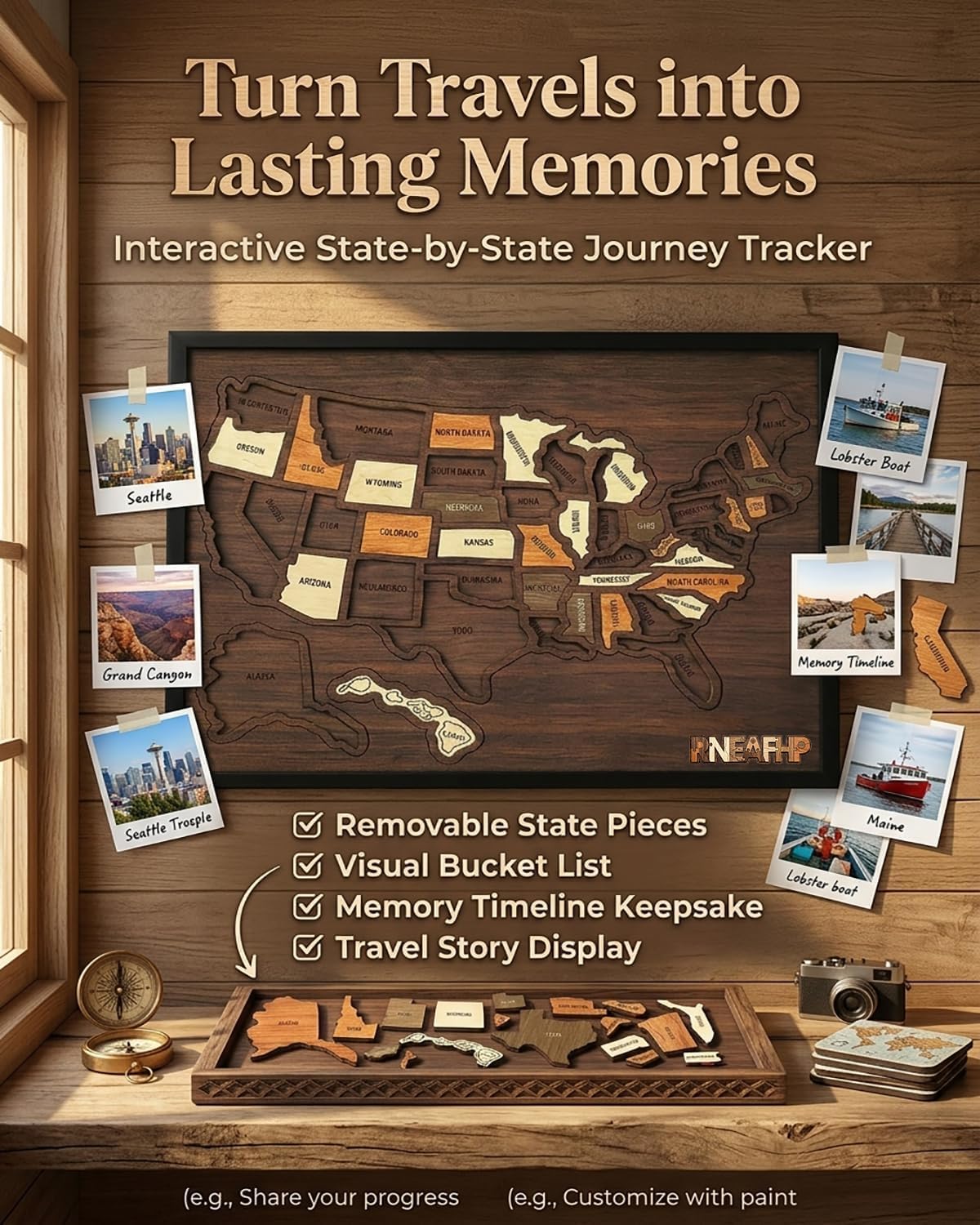 Wooden USA Travel Map Puzzle, A Stylish Way to Track Your Journey & Memories, Journey Tracker Maps Pin Board for Traveling, Removable USA Maps Puzzles for Traveling, Couple Family Art Home (1pc)
