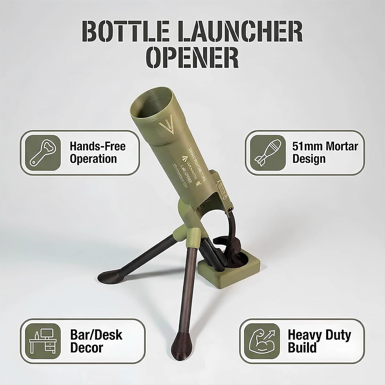 51mm Beer Bottle Mortar Bottle Opener Automatic Bottle Opener Heavy-Duty Tactical Cap Launcher Men Hands-Free Push down Bottles Cap Launcher Novelty Cap-Launching Desk Bar Accessory Home Party
