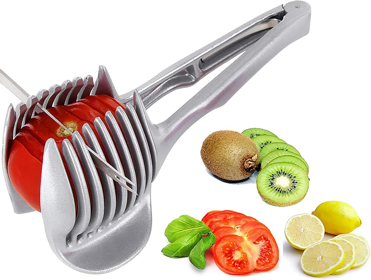 Aluminum Tomato Slicer Holder Tongs – Multi-Slot Cutting Guide for Even Fruit, Vegetable & Egg Slices