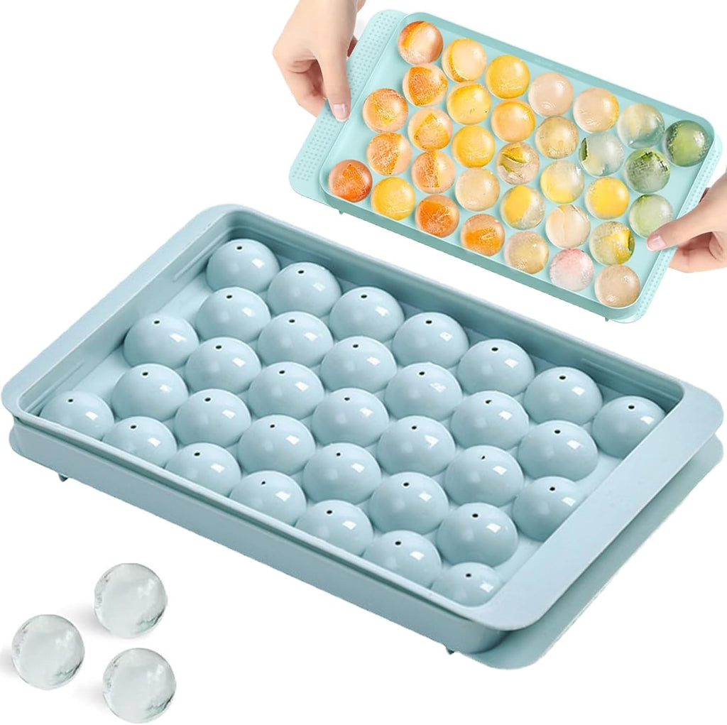 Round Ice Cube Tray with Lid, Reusable 33-Cavity Mini Ice Ball Maker Mold for Freezer, Cocktails & Whiskey