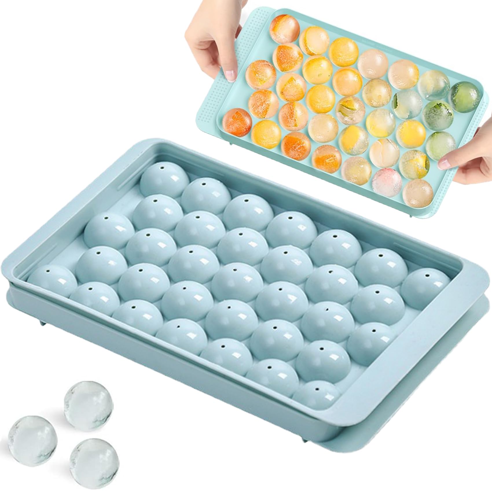 Round Ice Cube Tray with Lid, Reusable 33-Cavity Mini Ice Ball Maker Mold for Freezer, Cocktails & Whiskey