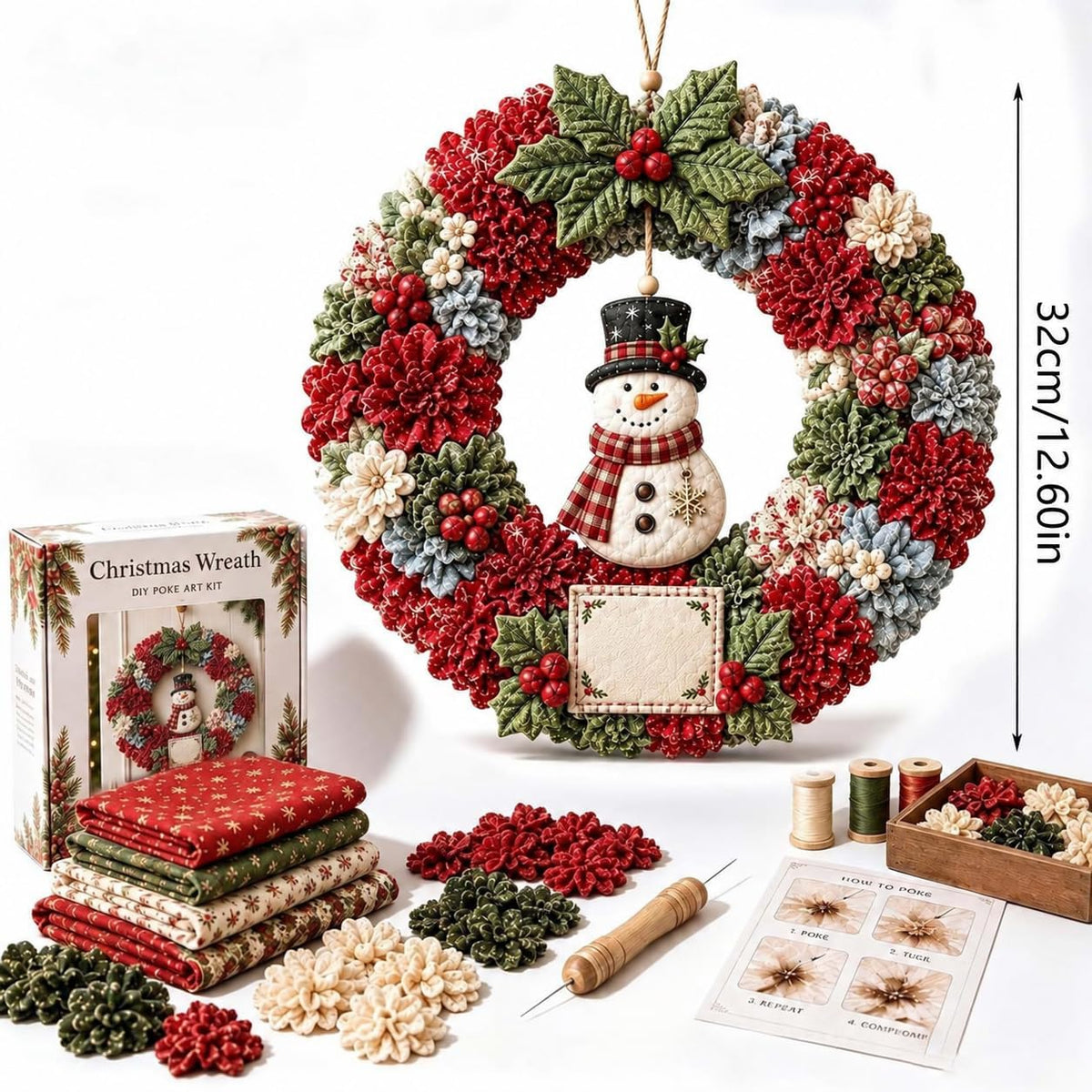 Christmas Wreath Making Kit for Adults, 3D Fabric Poke Art Kit, No-Sew Beginner Craft Project, Handmade Hanging Decoration for Front Door, Wall & Home