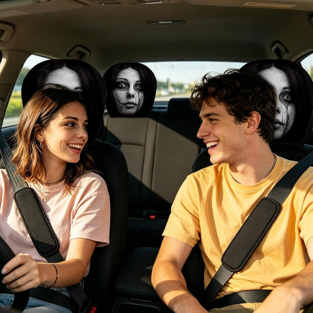 Car Headrest Covers | 2 Piece Ghost Face Car Headrest Covers | Scary Face and Funny Dark Theme Car Headrest Covers | Elastic Protector