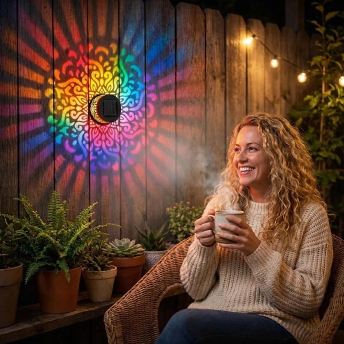 Seven-Color Changing Solar Mandala Projection Wall Light Decorative Solar Mandala Lights Outdoor Waterproof Metal Fence Lights for Yard Garden Post Patio Backyard Decor