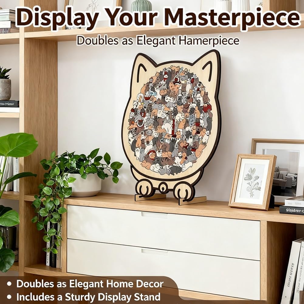 135-Piece Cat-Shaped Wooden Jigsaw Puzzle, Morandi Color Animal Puzzle for Adults, Creative Home Decor Gift