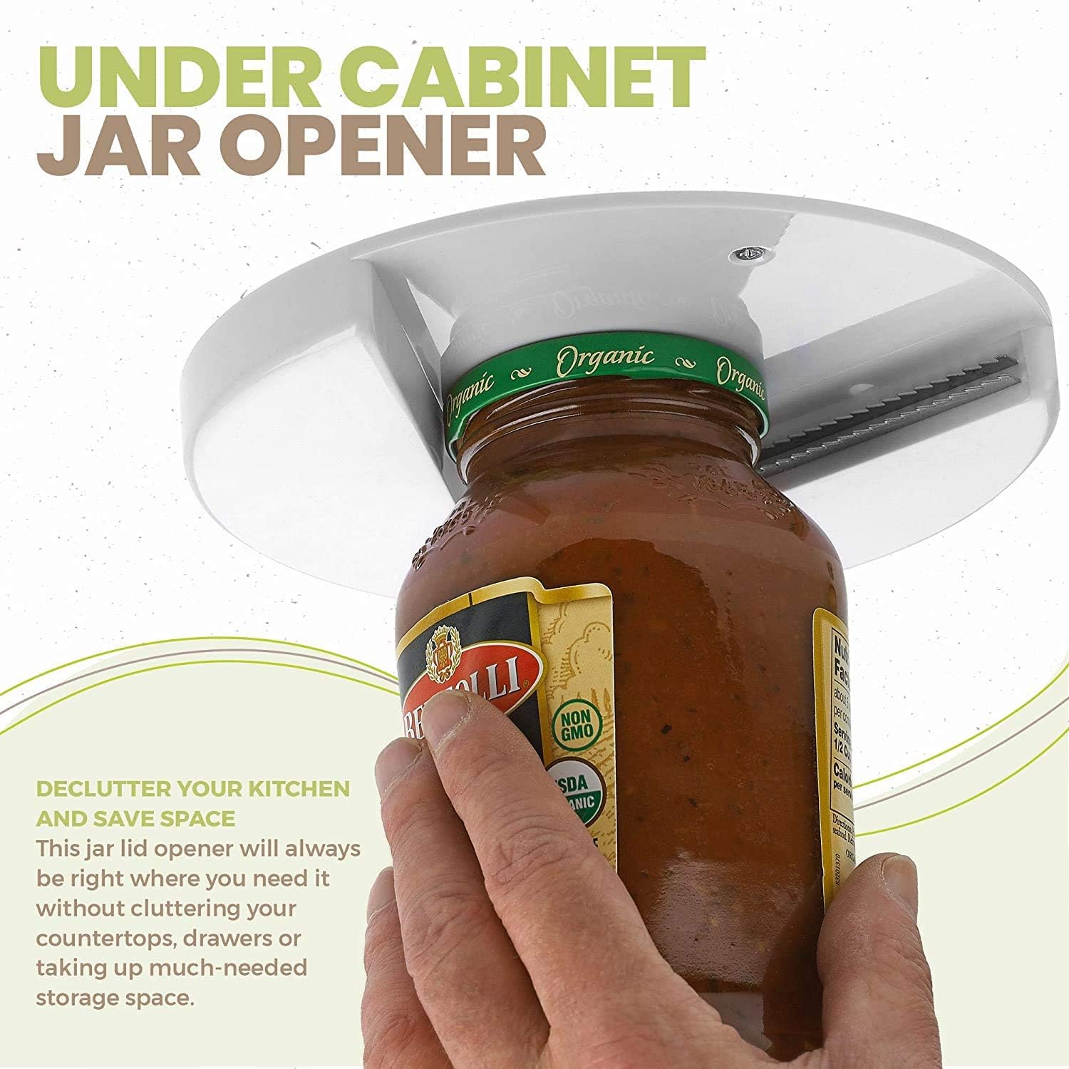 Under Cabinet Jar Opener, Lid Gripper Tool for Jars, Bottles & Containers, Kitchen Aid for Weak Hands & Seniors
