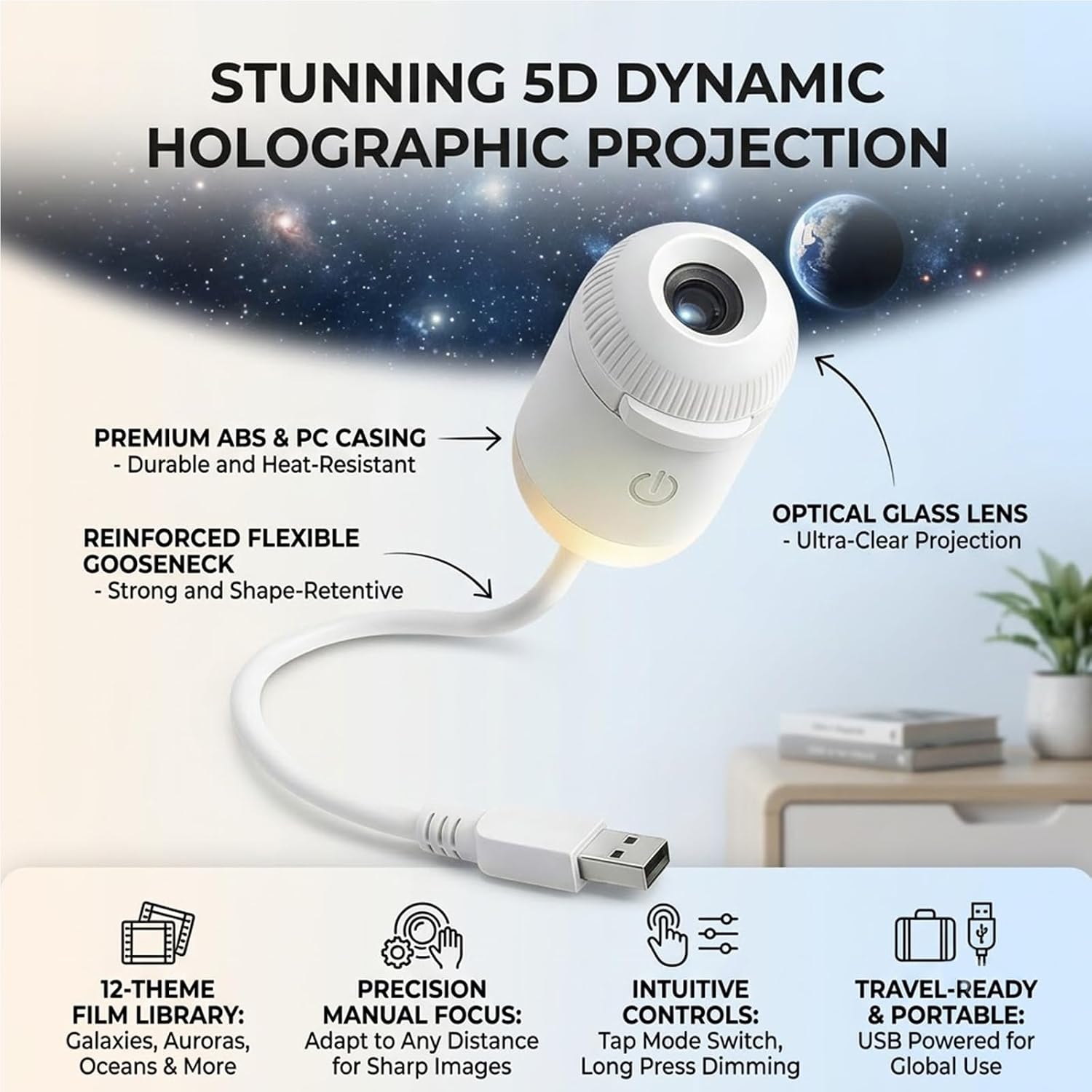 Hd Smart Dynamic 5d Holographic Night Light Projector,USB Galaxy Projector with 6/12Projection Films,Plug-and-Play,360° Adjustable,for Kid Adult Bedroom Ceiling Wall Room