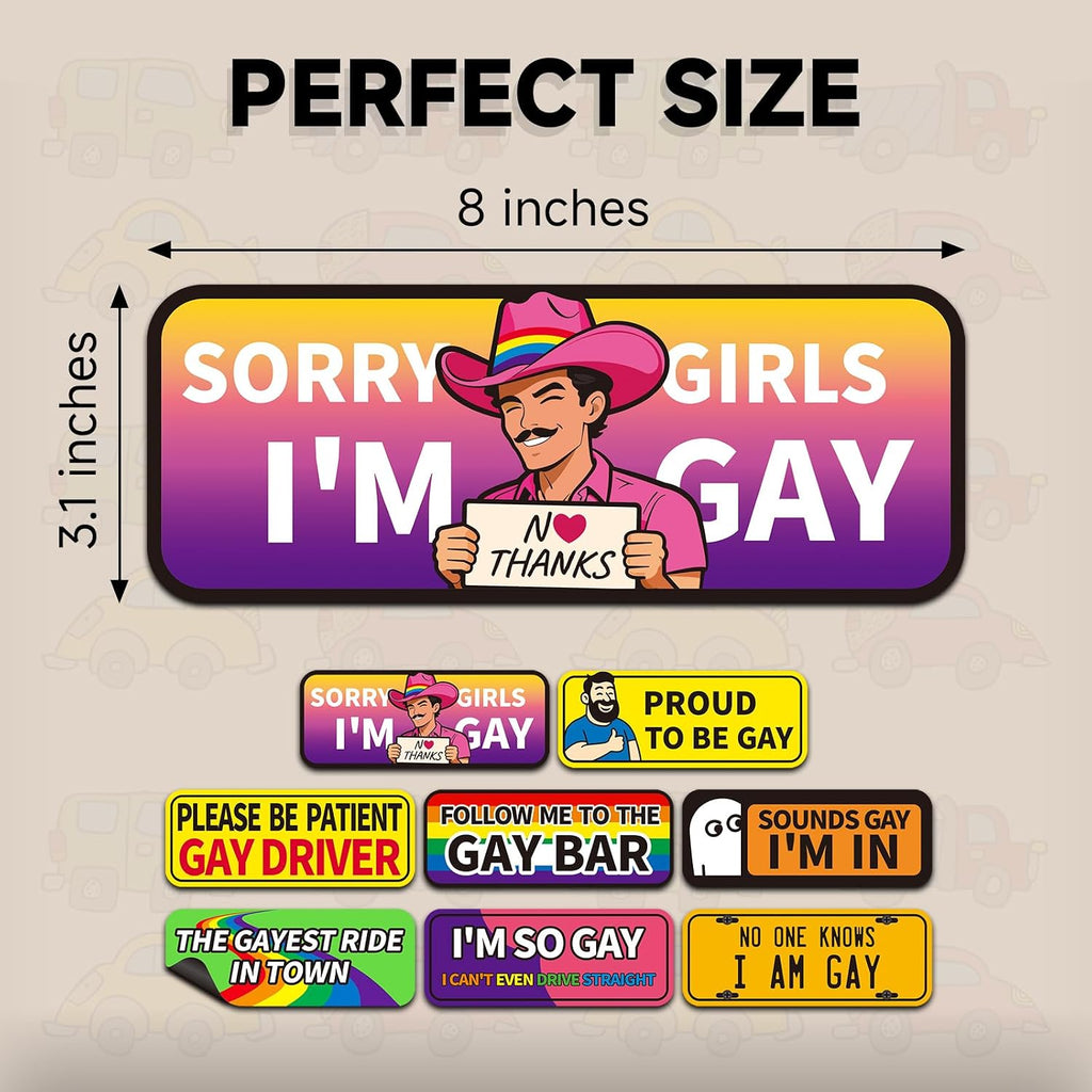 8-Pack Funny Gay Pride Car Magnets, 8 x 3.1 Inch LGBTQ+ Magnetic Bumper Signs for Cars, Trucks & Refrigerators, Reusable Prank Magnets