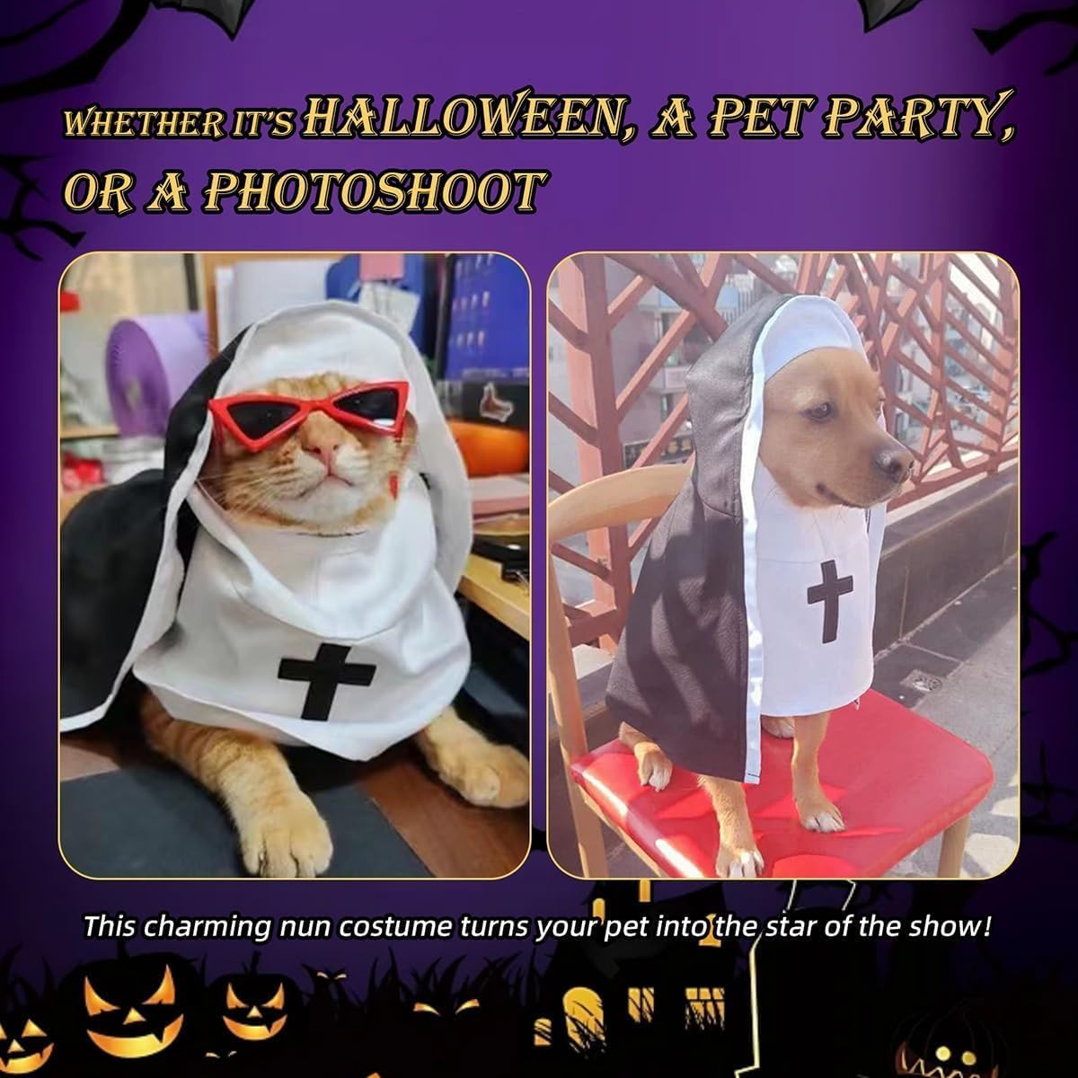 Funny Cat Nun Halloween Costume, One-Piece Hooded Dress for Cats & Small Dogs