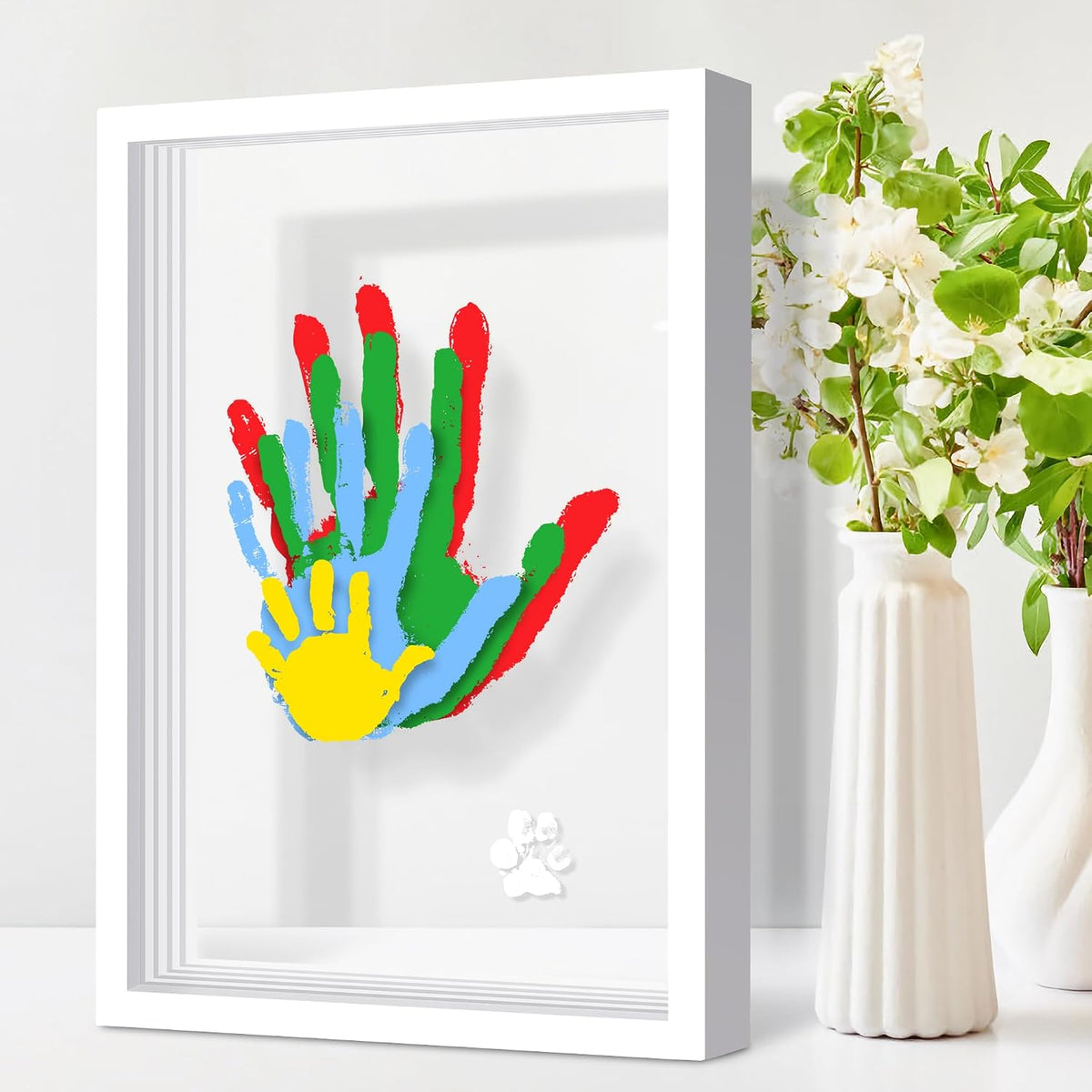DIY Family Handprint Keepsake Frame Kit for 4, Layered Handprint & Pet Paw Print Memory Frame with 6 Non-Toxic Paints, Thanksgiving Christmas Mother’s Day Father’s Day & Anniversary Gift