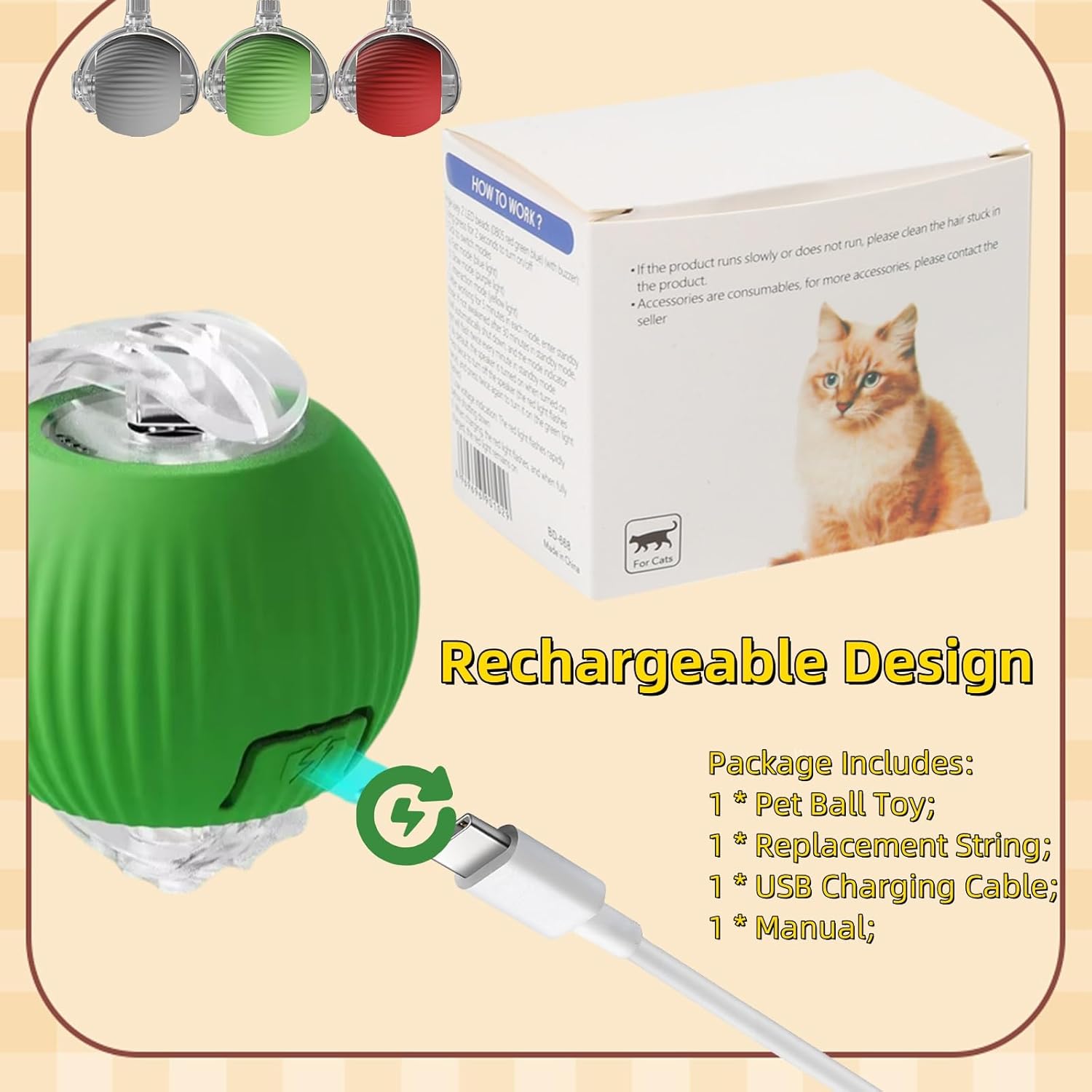 Interactive Dog Cat Toy Ball, Automatic Moving Bouncing Rolling, with Replacement Tail, Pet Smart Chase Ball Rechargeable, Enrichment Toys for Bored Indoor Adult Cats/Dogs