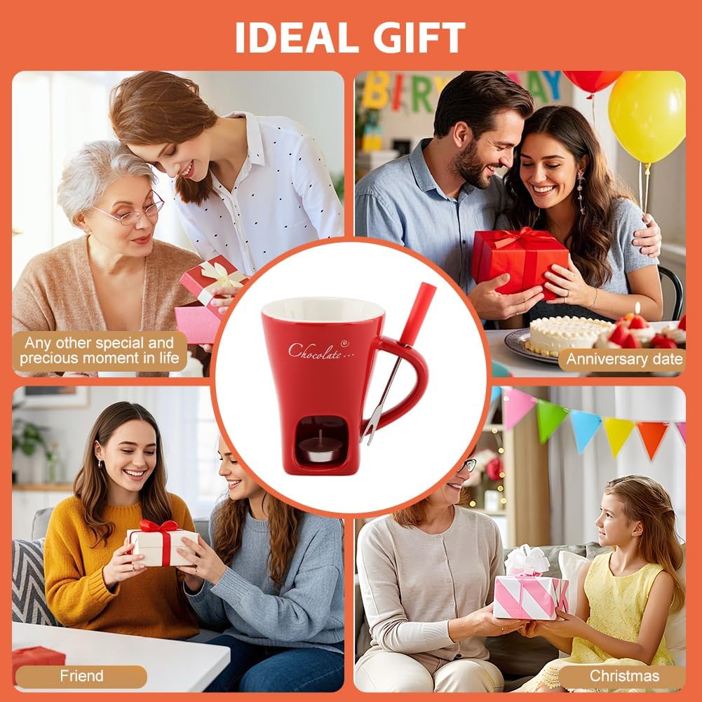 Mini Ceramic Chocolate Fondue Mug Set with Fork, Candle-Heated Melting Cup for Chocolate, Cheese & Caramel, Perfect for Date Nights, Parties & Gifts