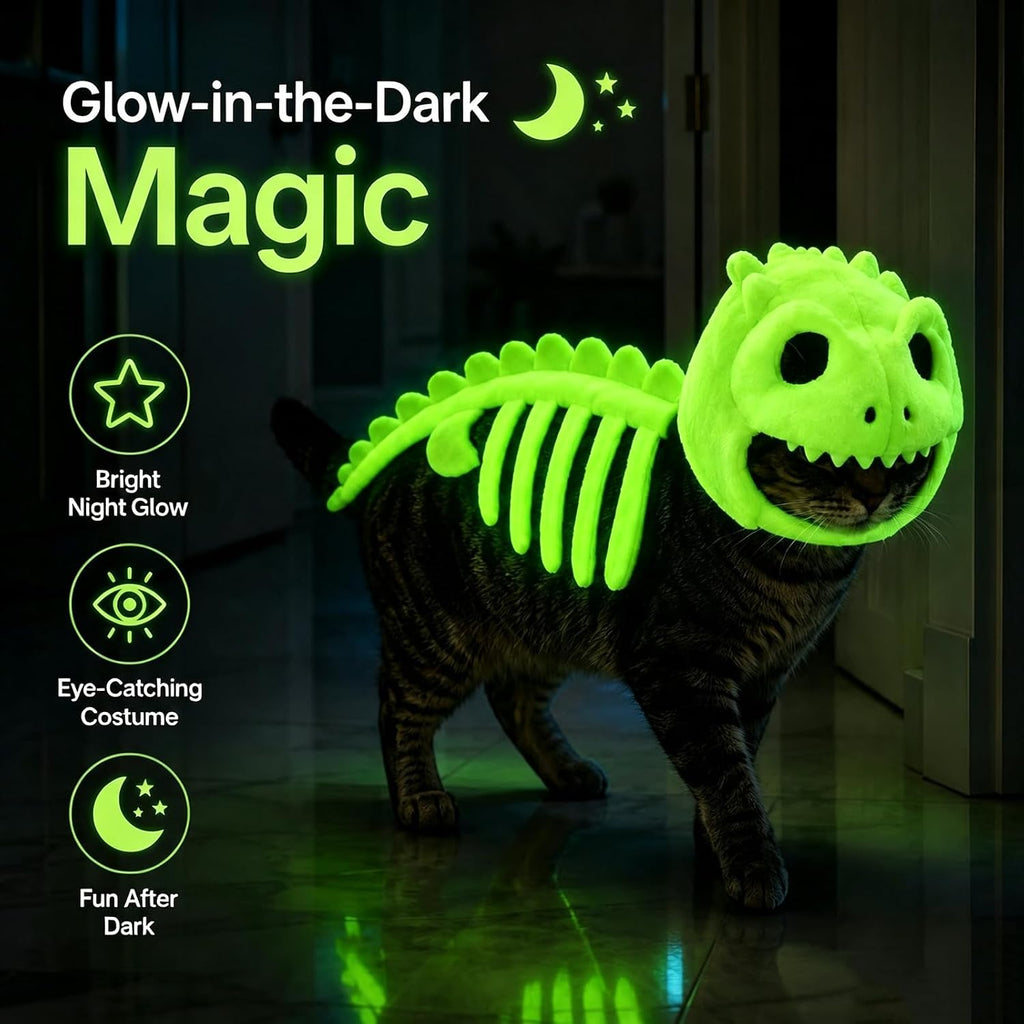 Dinosaur Skeleton Glow in Dark Cat Costume, Plush Halloween Pet Hood Outfit (S)